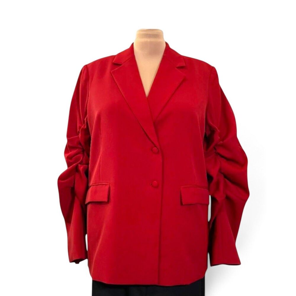 THE DROP Kass_Stylz Women's Flame Scarlet RED Ruched Sleeve Blazer NWT! Size XXL